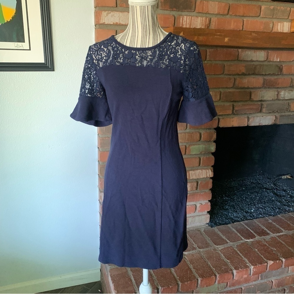 Draper James Solid Flutter Short Sleeve Mini Dress Navy Blue Lace Sz S - Picture 2 of 7